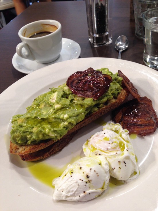 Avocado & Persian fetta smashed together on top of toasted multi-grain sour dough with two poached eggs & crispy pancetta. Hold me. 